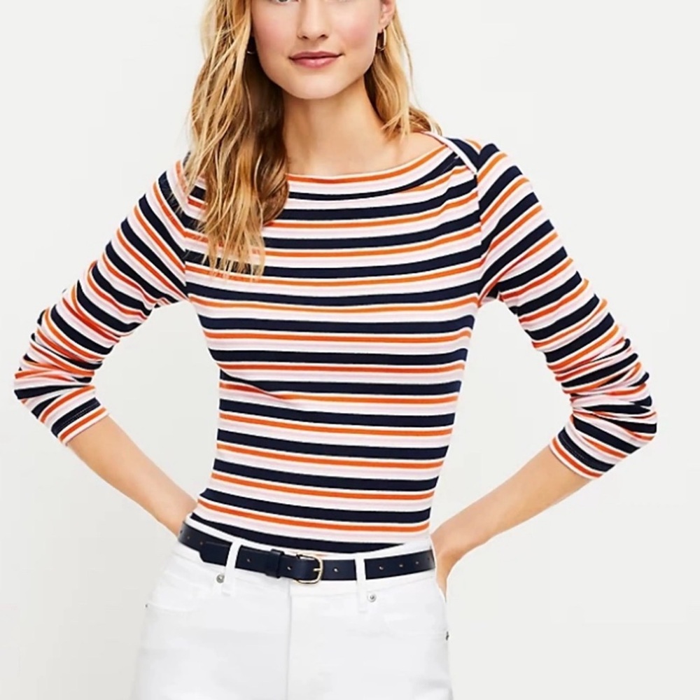 Loft Multicolor Striped Boatneck Long Sleeve Ribbed Tee